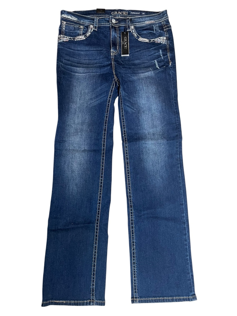 Grace in LA Jeans Womens 18 Plus P-Straight Embellished Western NWT Dark Wash